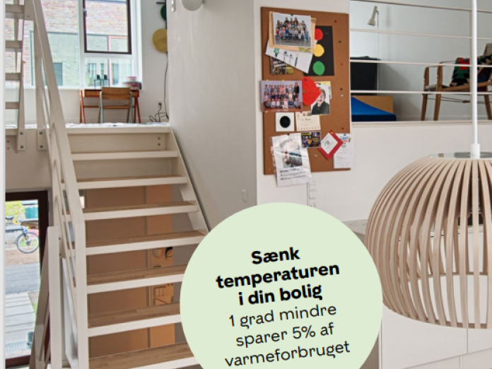 Stue med trappe og lampe. På billede står det skrevet: Sænk temperaturen i din bolig. 1 grad mindre sparer 5 % af varmeforbruget.